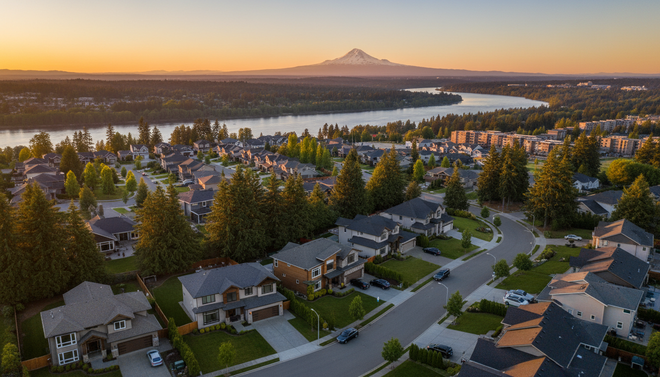 Aerial view of a Vancouver, Washington neighborhood, the Columbia River, and Mount Hood at golden hour